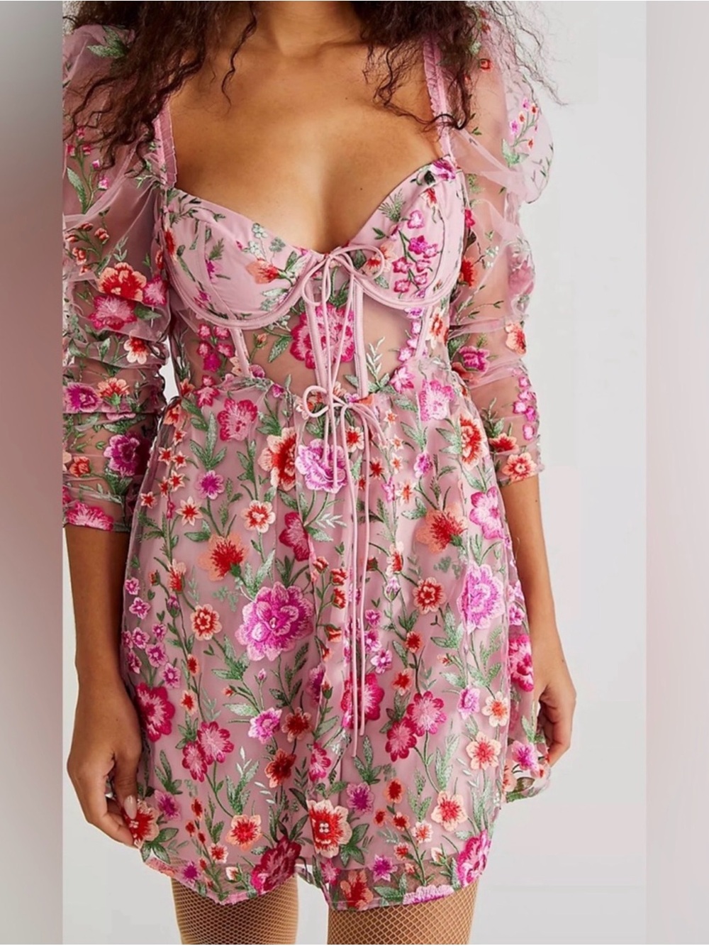 For Love & Lemons Pink Floral Embroidered Mesh Mini Dress